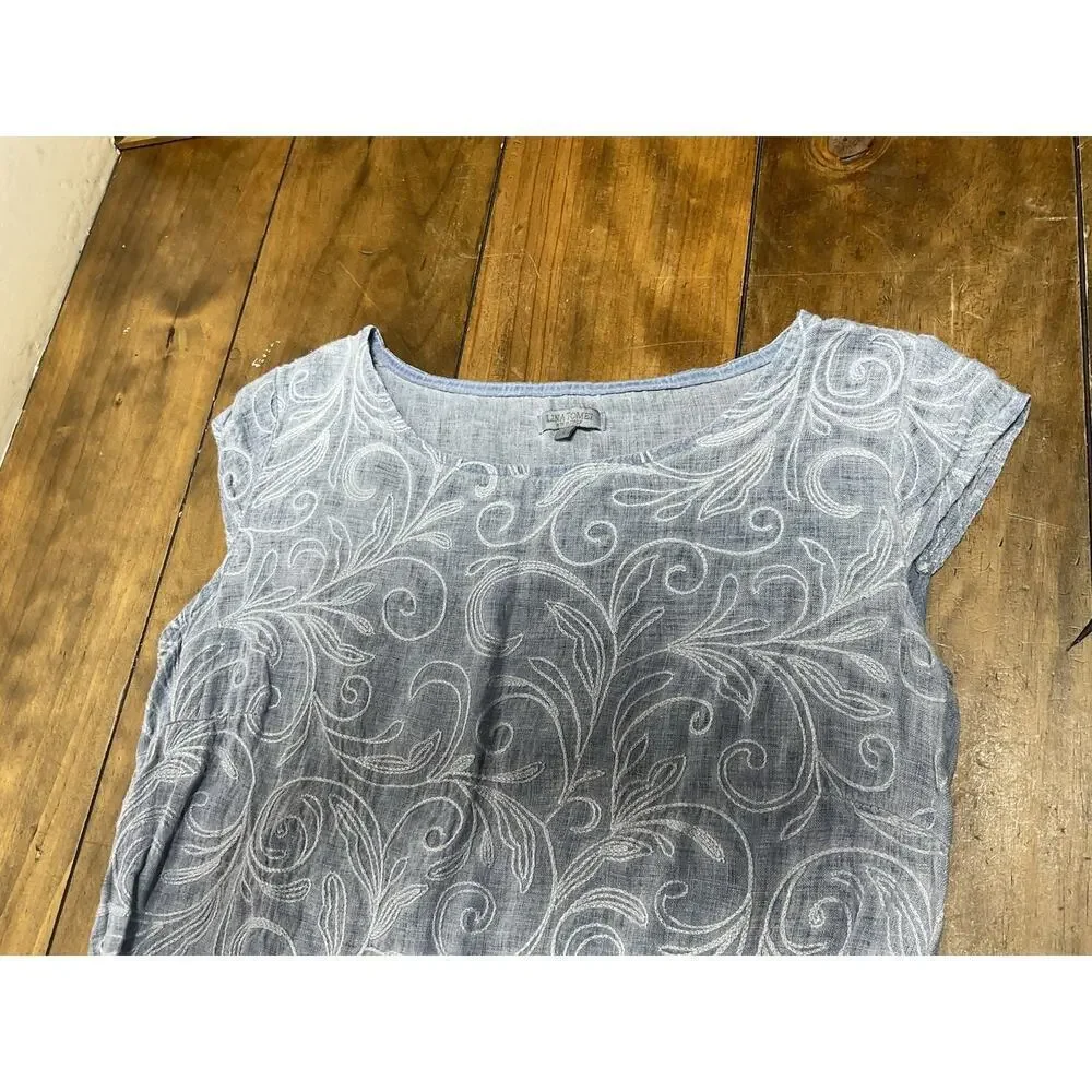 LINA TOMEI Chambray Blue Coastal Embroidered 100% Linen Dress Large Italy - Picture 2 of 11